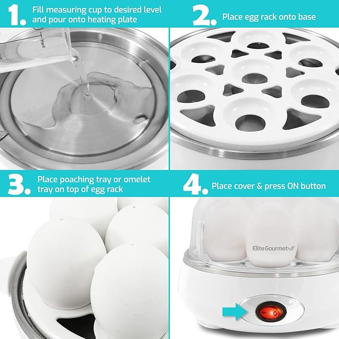 Elite Gourmet EGC007CHW Easy Electric 7 Egg Capacity Cooker, Poacher, Omelet Maker, Scrambled, Soft, Medium, Hard Boiled with Auto Shut-Off and Buzzer, BPA Free, Classic White