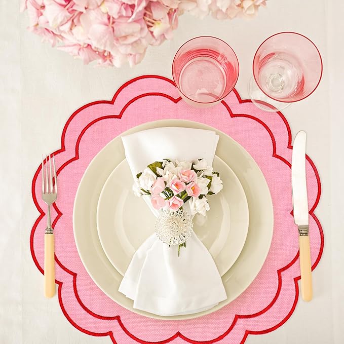 Whaline Pink Red Linen Placemats Embroidered Round Scalloped Kitchen Table Mats for Wedding Anniversary Valentine's Day Baby Shower Party Home Dining Table Decor, Set of 4, 15 x 15 in