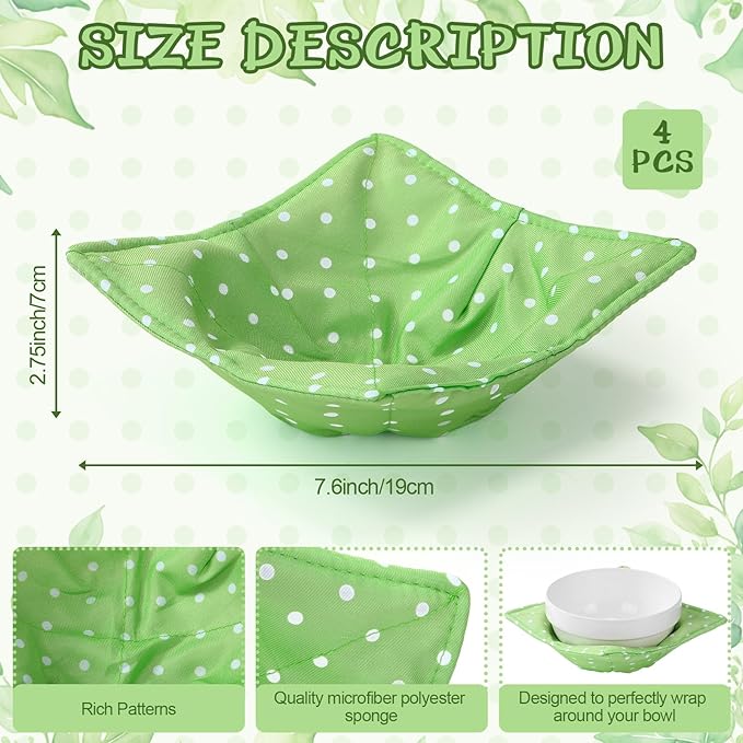 Cunhill 4 Pcs Cotton Microwave Bowl Cozy Holders for Hot Food Hot Pads Soup Bowl Potholders Heat Resistant Multipurpose Quilted Safe Holders for Kitchen Plate Supply(Pale Green,Dot)