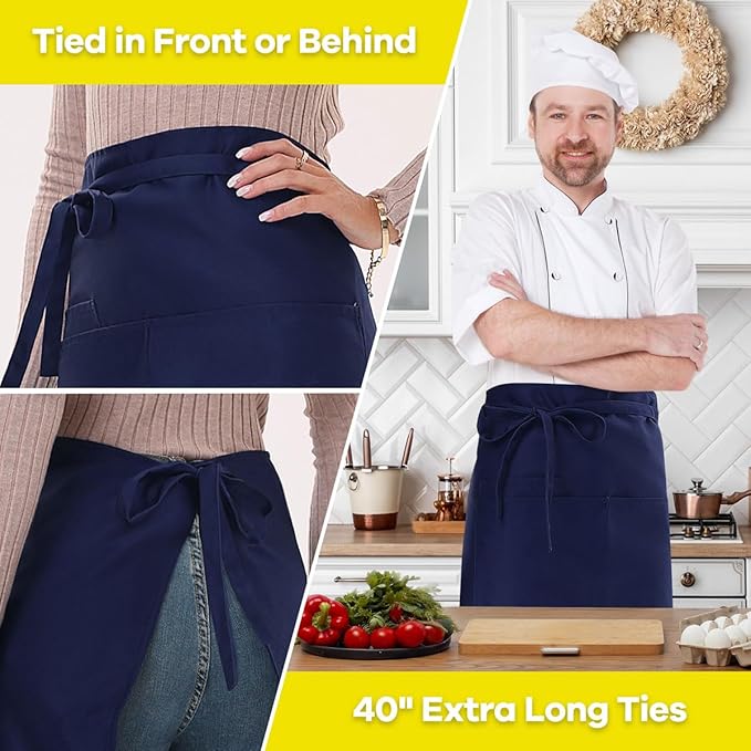 ROTANET Long Server Apron Black with 3 Pockets Bistro Half Aprons for Men Women Waiter Waitress Chef 28 Inch Waterproof