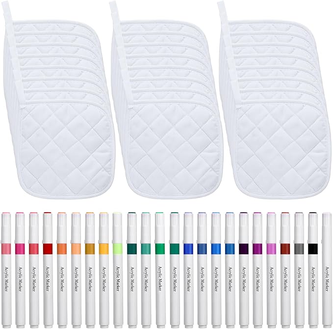 Newtay 48 Pcs Mother's Day Pot Holders Craft Project Set Including 24 White Pot Holders and Oven Mitts with 24 Makers for Kitchen Heat Resistant Cooking and Baking DIY Activities