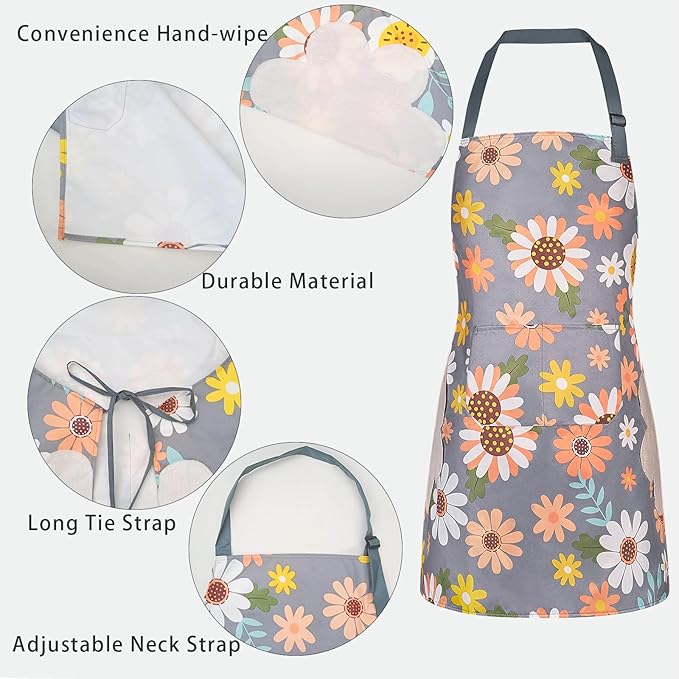 DILLMAN 2 Pack Floral Aprons with Pocket Blooming Womens Waterproof Adjustable Cooking Aprons Kitchen Gardening Salon