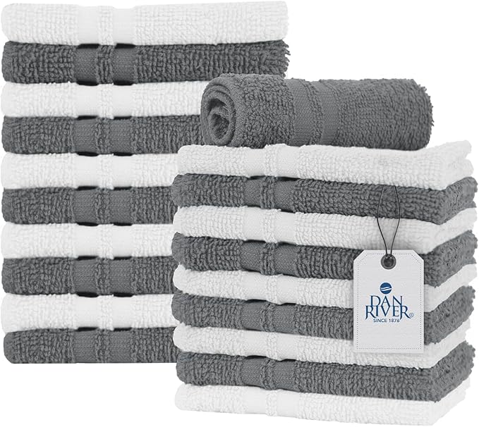 DAN RIVER 100% Cotton Washcloths 20 Pack Premium Quality Face and Body Cloth, Quick Dry Essential Towels for Bathroom, Hand, Kitchen & Cleaning, Baby Rugs | 11X11 in | 400 GSM | Grey + White