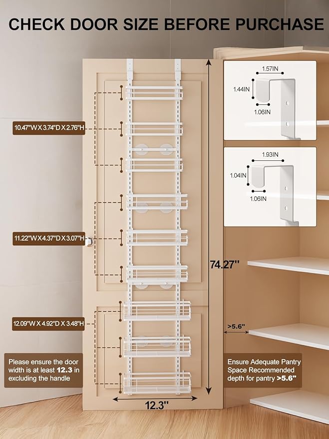 Delamu 9-Tier Over the Door Pantry Organizer, Adjustable Pantry Door Organizers and Storage, Metal Hanging Basket Wall Spice Rack Seasoning Organizer, Door Organizer Kitchen Bedroom Bathroom,12"White