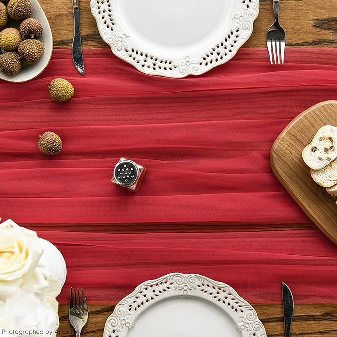 Artoid Mode 3PCS Red Gauze Table Runner 120 Inch 10FT, Seasonal Sheer Kitchen Dining Holiday Wedding Birthday Baby Shower Table Decor for Home Party