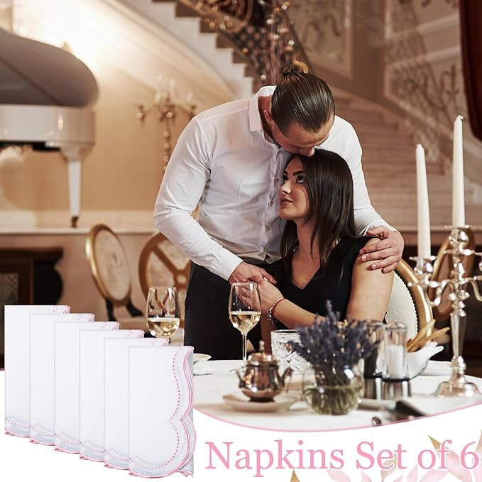 Hahafelt 6 Set Cloth Napkins 18x18inches Scalloped Embroidery Cloth Napkins Washable Polyester Table Dinner for Hotel Restaurant Weddings Events Parties (Light Pink)
