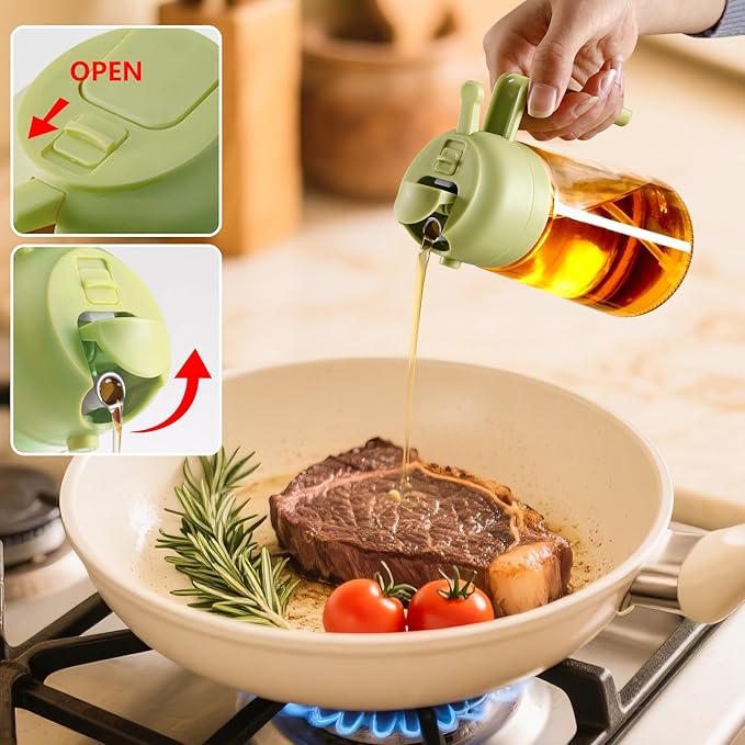 SWEET VIEW 16oz/470ml Oil Dispenser and Oil Sprayer, Glass Olive Oil Pourer for Kitchen, Air Fryer, Cooking, Salad, BBQ(Green)