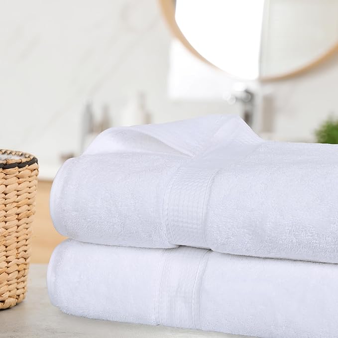 SUPERIOR Egyptian Cotton Pile Bath Sheet Set of 2, Ultra Soft Luxury Towels, Thick Plush Essentials, Absorbent Heavyweight, Guest Bath, Hotel, Spa, Home Bathroom, Shower Basics, White