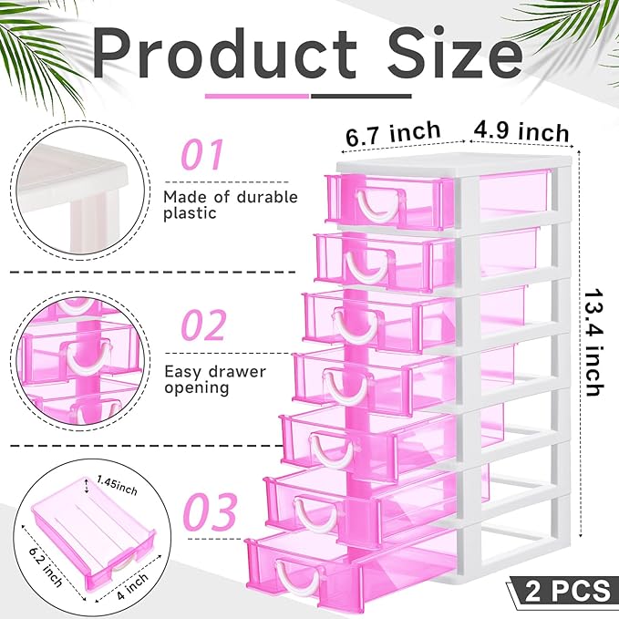 Thyle 2 Pcs Plastic Drawers Organizer Mini Organizer Stackable Plastic Clear Drawer Storage Box Containers Storage Units for Desktop Classroom Craft 6.7 x 4.9 x 13.4 inches(Rose Red)