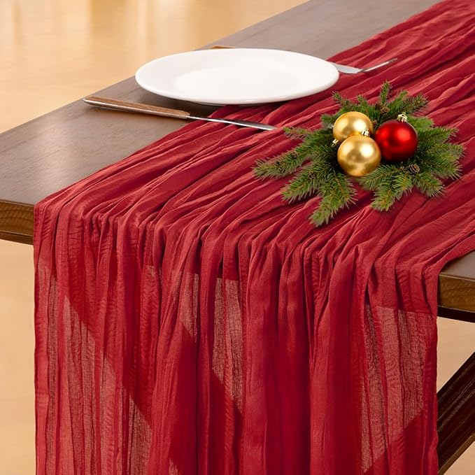 Socomi Red Cheesecloth Table Runner Easter Spring Boho Rustic Gauze 120 inch 10FT Cheese Cloth Runner for Wedding Party Baby Shower Birthday Home Decor Holiday Decorations