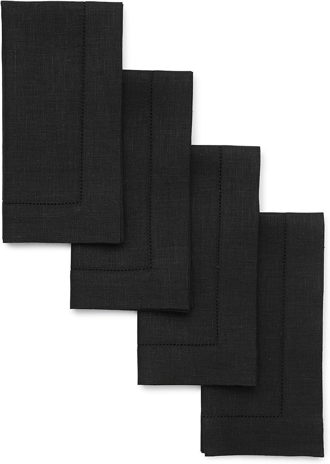 Solino Home Black Linen Napkins Set of 4-100% Pure Linen Hemstitch Dinner Napkins 20 x 20 Inch for Spring, Summer, Mothers Day - Classic Hemstitch