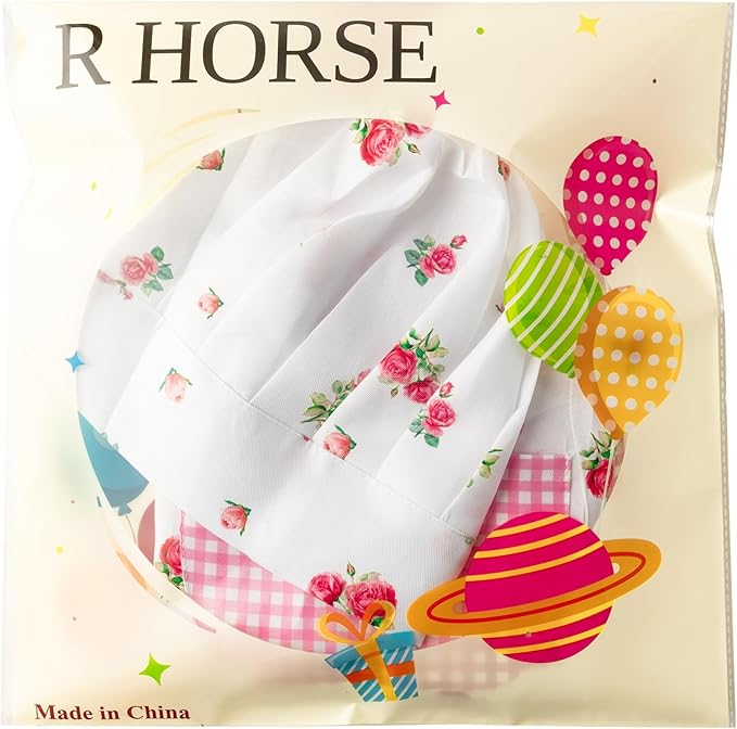 R HORSE Kid Apron and Chef Hat Set - 2Pcs Plaid Floral Adjustable Children Kitchen Toddler Apron for Girls, Role Play Chef Toy Cooking Baking Painting and Training Kit Kid Funny Cooking Birthday Gift