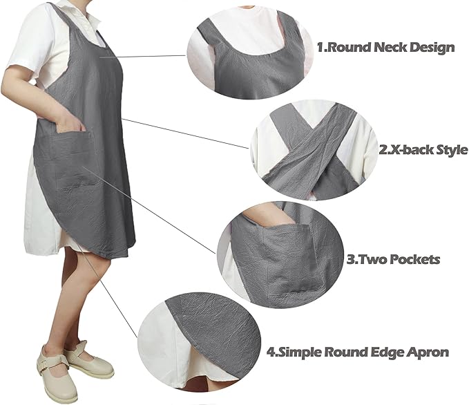 Cotton Cross Back Aprons Solid Color Cooking Kitchen Garden Smock for Women Girls with Pockets