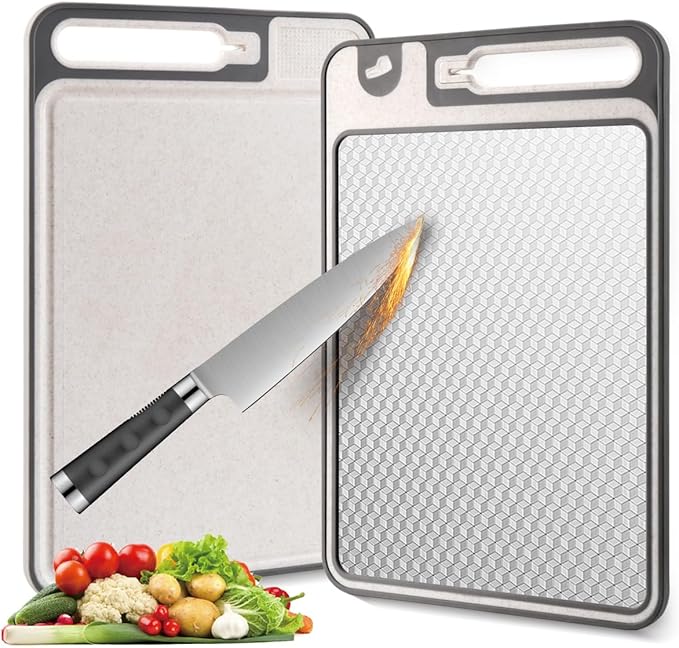 2 In 1 Cutting Boards Non Toxic for Gourmet Kitchen Aficionados - 304 Stainless Steel and Food Grade Wheat Straw Double Sided Design - Scratch-Resistant Mesh - Easy-Clean With Juice Groove (15”×10”)