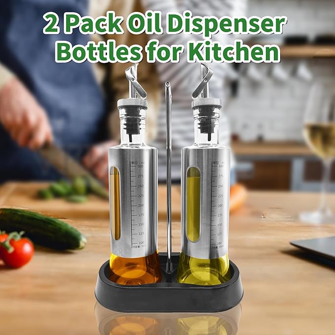 10oz/300 ml Olive Oil Dispenser Bottle, 2 Pack Glass Oil and Vinegar Dispenser Set with Tray, Vinegar and Sauce Bottle Wrapped in Stainless Steel Shell with Pourer and Funnel for Kitchen Cooking