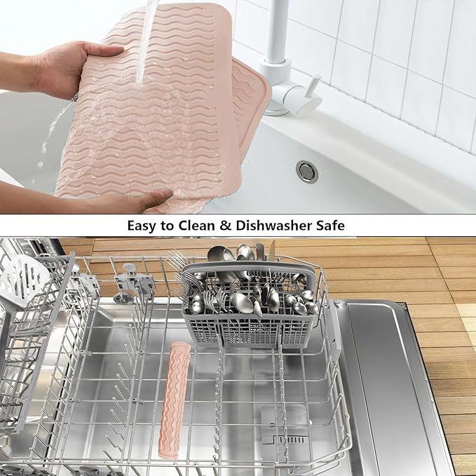 ZLR Silicone Dish Drying Mat 12" x 12" Square - Small Heat Resistant Trivet & Countertop Protector for Air Fryer, Coffee Maker - Waterproof Kitchen Drain Pad for Cups, Fruit (Peach Pink)