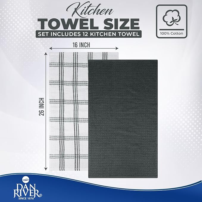 DAN RIVER Premium Kitchen Towels - [Pack of 12] 100% Cotton (16x 26 Inches) -Super Soft,Highly Absorbent, Quick Dry, Dish Towels for Kitchen Towels -Grey