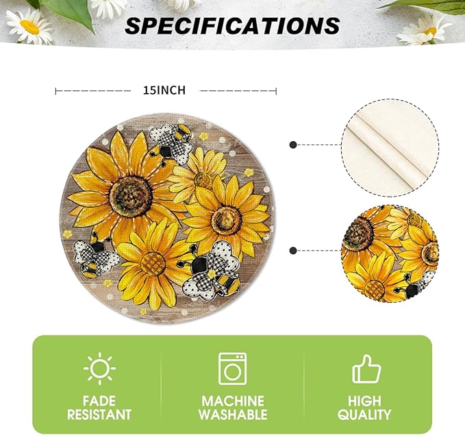 Artoid Mode Wood Sunflower Bee Flower Polka Dot Round Summer Placemats Set of 4, 14 Inch Farmhouse Fall Round Table Mats for Dining Decoration