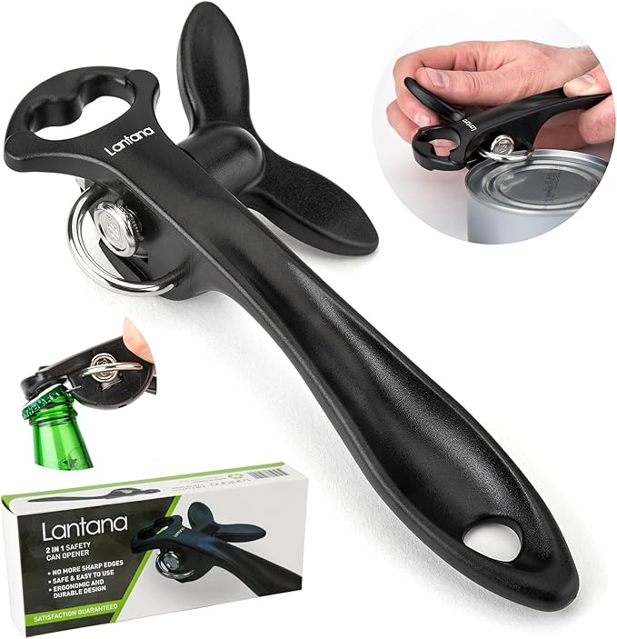 Lantana Smooth Edge Can Opener with Bottle Cap Lifter - Hand Held Manual Safety Tin Opener - Black/Stainless Steel