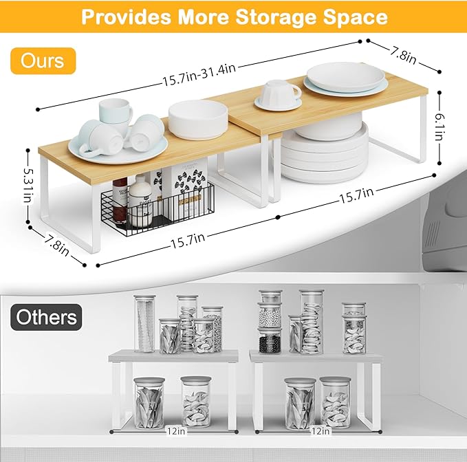 OGEMXU Cabinet Shelf Organizers, 15.7 inches Large Kitchen Counter Shelf, Set of 2 Wood Kitchen Pantry Organizer, Storage Shelves for Countertop, Spice Rack, Stackable, Expandable, Metal White, Nature