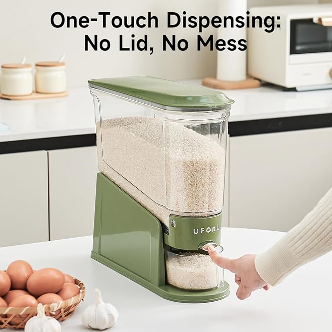 Rice Dispenser, Slim Rice Storage Container for Small Space, BPA-Free Clear Dry Food Dispenser Sealed Moisture Proof, Grain Storage Bucket for Kitchen Pantry Household (Green11Lbs)