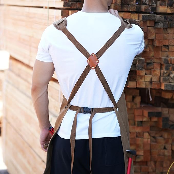 Tosewever Work Aprons for Men with Large Pockets, Canvas Cross Back Heavy Duty Adjustable Tool Aprons for Chef Cooking BBQ