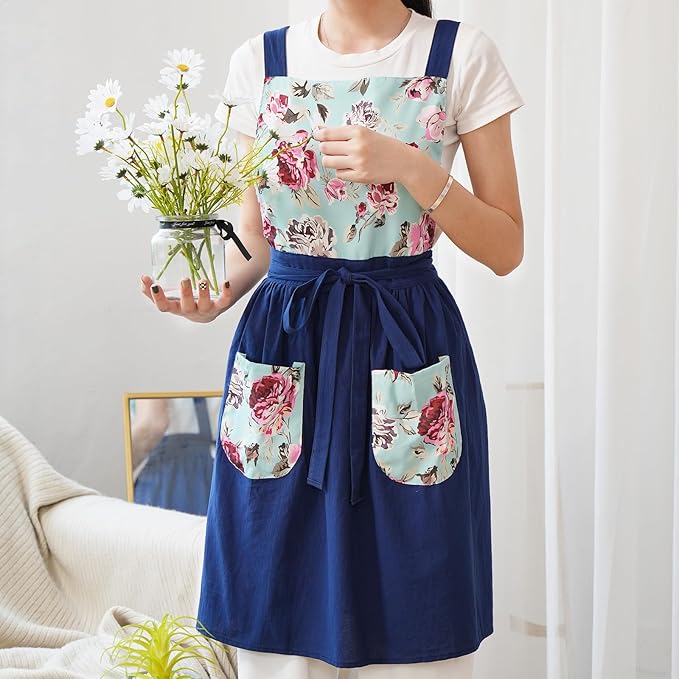 Pinknoke Vintage Pinafore Apron Dress for Women with Pockets Cute Floral Chef Aprons for Kitchen Cooking Baking Gardening
