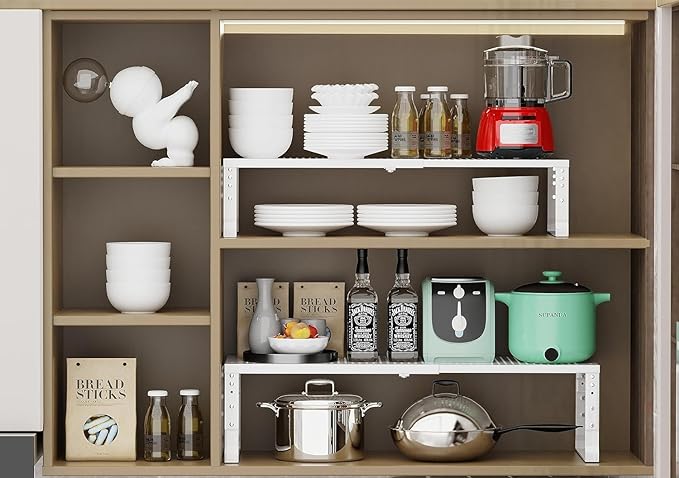 Jojocross Expandable Cabinet Shelf Organizer Storage Spice Rack Shelves for Kitchen Stackable Adjustable Pantry Cupboard Bathroom Countertop Desktop(1Pack/White/Large-with Hole)