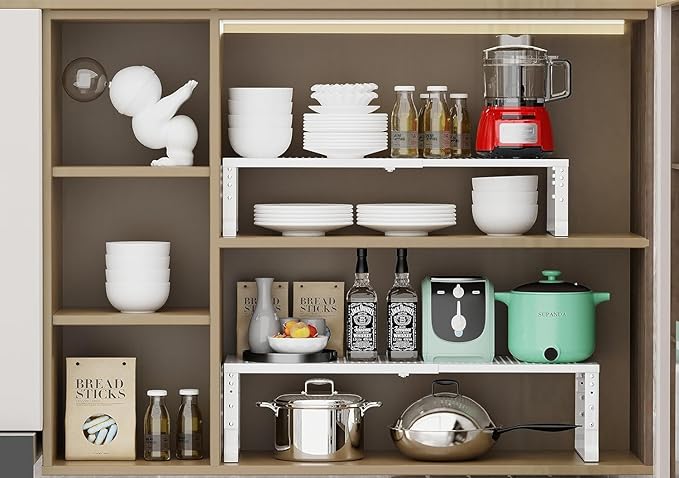 Jojocross Expandable Cabinet Shelf Organizer Storage Spice Rack Shelves for Kitchen Stackable Adjustable Pantry Cupboard Bathroom Countertop Desktop(2Packs/White/Large-with Hole)