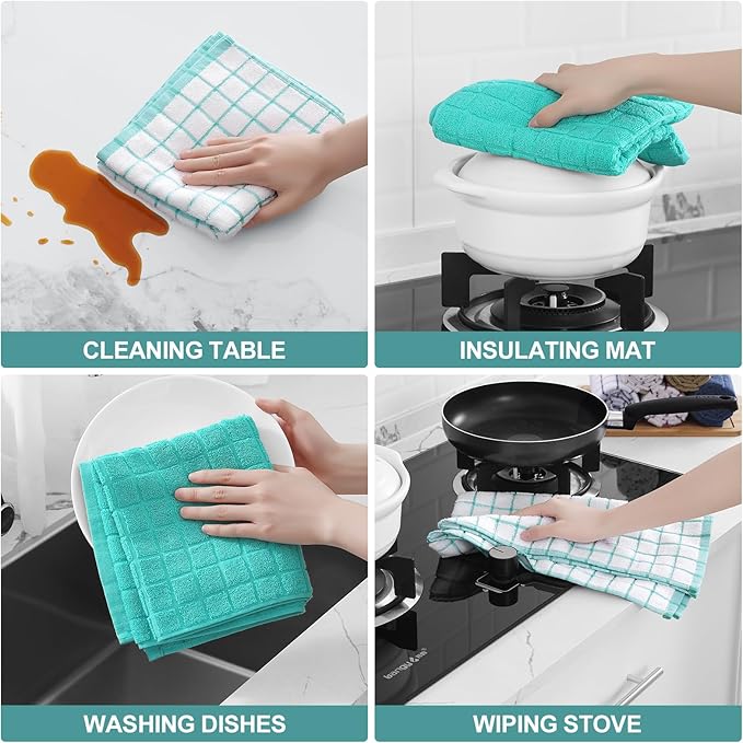 Homaxy Premium Cotton Kitchen Towels 16"x 28", Large Natural Ring Spun 390 GSM Dish Towels, Super Absorbent Terry Kitchen Hand Towels, Soft Tea Towels with Hanging Loop, Aqua Check Design, 12 Pack