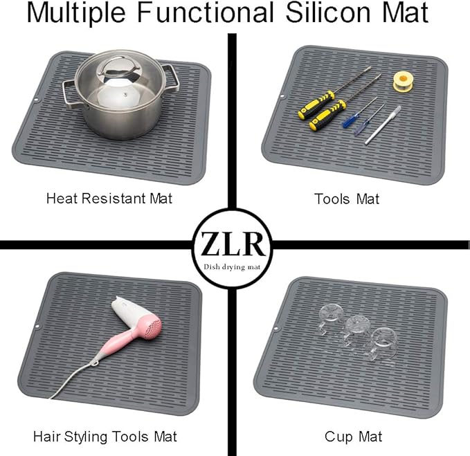 ZLR 2 Pcs Large Silicone Dish Drying Mat (16" x 18") - XL Heavy Duty Drainboard Mat for Pots, Pans & Family Loads - Heat Resistant Trivet & Counter Protector, Easy Clean (Dark Gray)