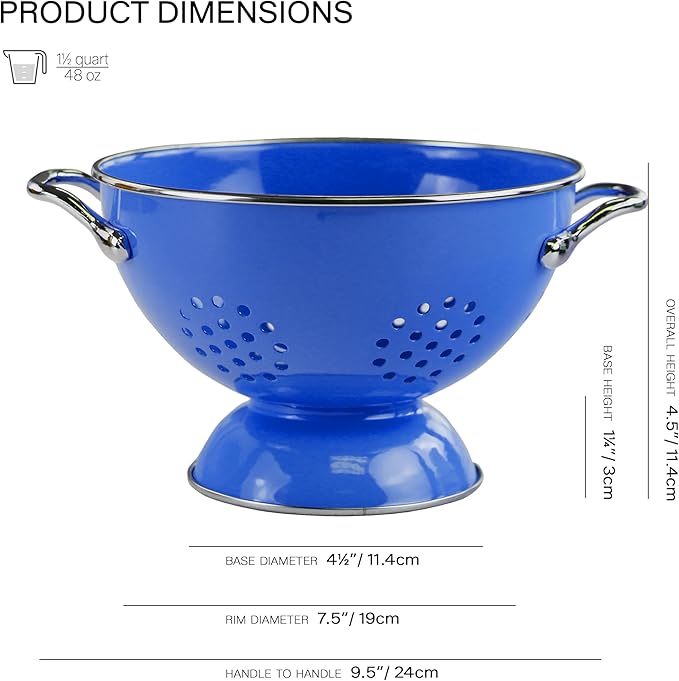 Reston Lloyd, 1.5 Quart Powder Coated Steel Kitchen Strainer Basket for draining Pasta, Vegetable and Fruit, Chrome Handles and Wide Stable Base, Azure