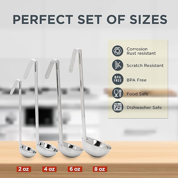 Fit Meal Prep Stainless Steel Soup Ladle One-Piece Sauce Spatula with Hook Handles, Commercial Grade Serving Spoon, Kitchen Tool for Restaurant or Home Cooking [Pack of 4] - 2oz, 4oz, 6oz, 8oz