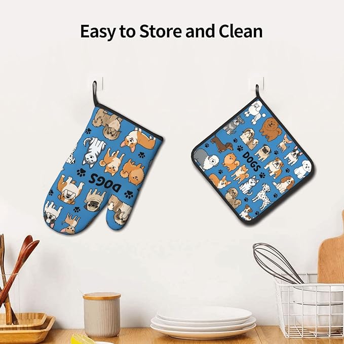 Cartoon Dogs Oven Mitts and Pot Holders Blue Background Heat Resistant Oven Mitts Safe for Baking Cooking BBQ