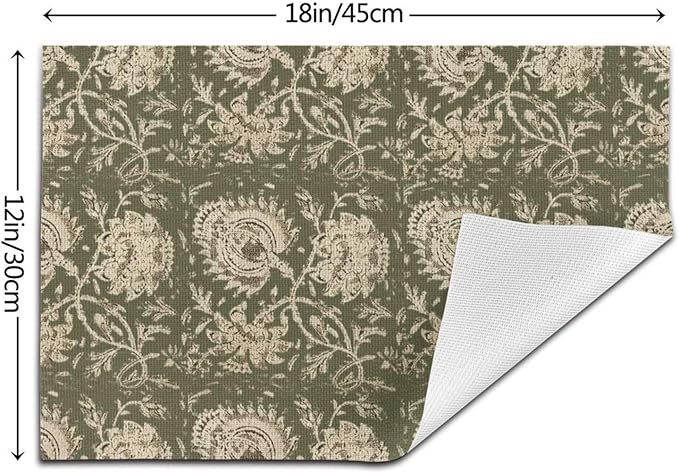 Boho Place mats Set of 4,12x18 Inches Sage Green Block Print Floral Decorative Spring Summer Flower Decor Placemats Rectangle Linen Table Mats for Party Home Kitchen Dining Table Decoration
