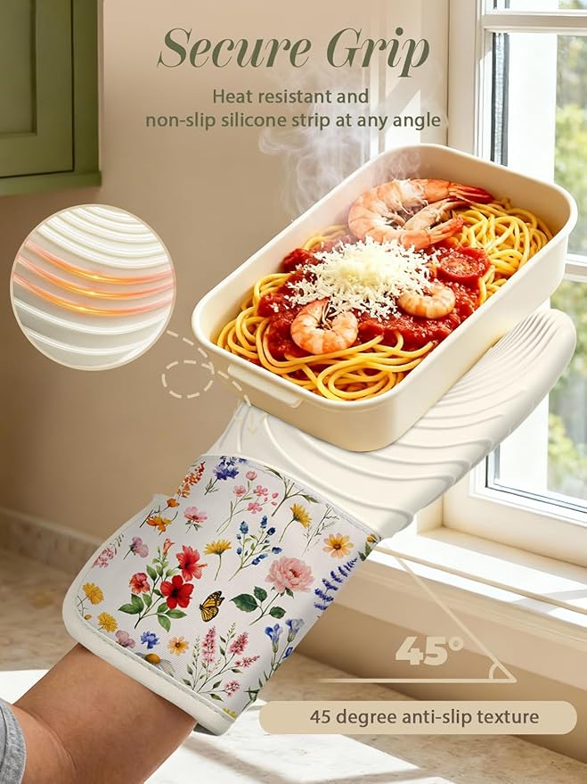 Slohif Long Silicone Oven Mitts Heat Resistant for Women - 2 Pcs Red Flower 100% Cotton Oven Gloves, Non-Slip and Waterproof Silicone Oven Mitts with Hanger for Baking and Cooking