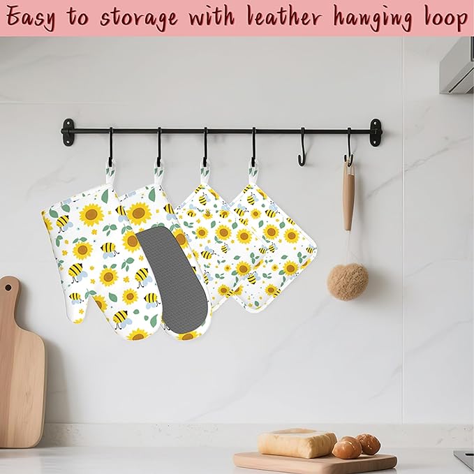 Cute Bee Sunflower Heat-Resistant Silicone Oven Mitts and Pot Holders 4 Piece Set,Extra Long Non-Slip Kitchen Oven Gloves for Cooking, Baking, BBQ,Grilling