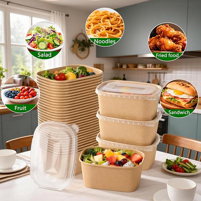 50 Sets 33oz Disposable Kraft Paper Bowls with Lids, Large Paper Food Containers with Lids, Salad Bowls for Hot/Cold Food, Meal Prep, Ice Cream, Takeout, Party Supplies(Rectangle, 1000ml)