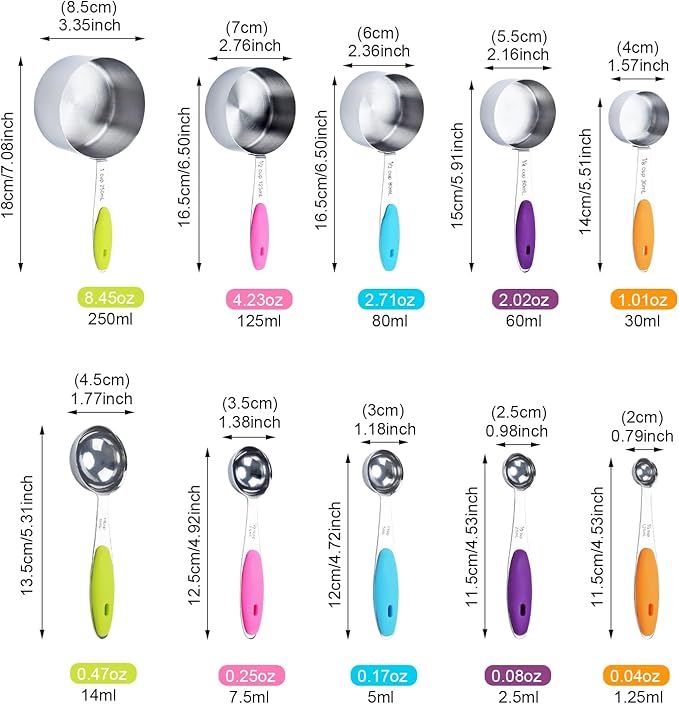 Measuring Cups and Spoons Set of 10 Piece, 18/8 Stainless Steel Nesting Measuring Cups Set for Cooking, Measuring Spoons Set