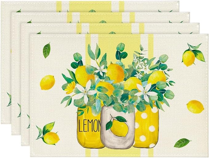 Artoid Mode Yellow Stripes Vase Lemon Summer Placemats Set of 4, 12x18 Inch Seasonal Spring Table Mats for Party Kitchen Dining Decoration