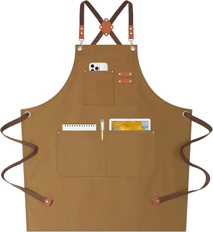 AFUN Chef Aprons for Women Men with Oversized Pockets, 12-Ounce Cotton Canvas Cross Back Water Repellent Apron (Brown)