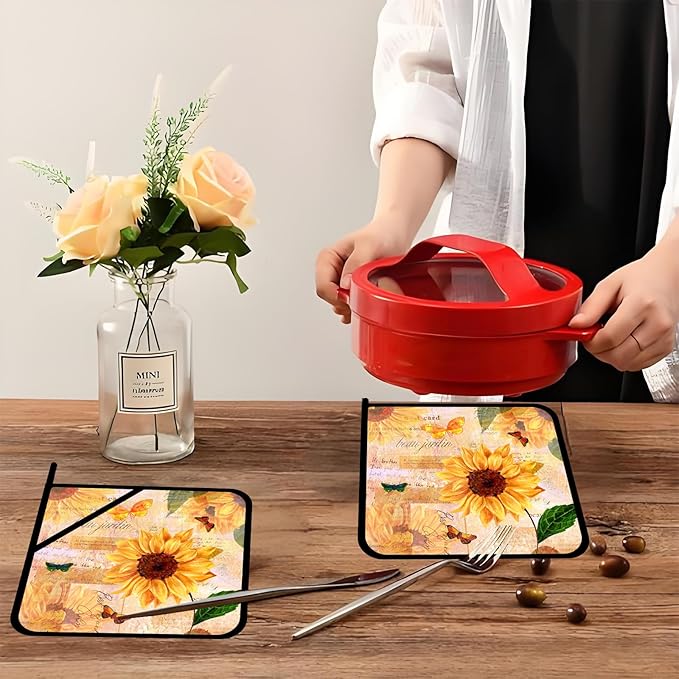 Sunflower Floral Pot Holders Set of 2,Kitchen Heat Resistant Potholder for Microwave Cooking Baking Oven and BBQ