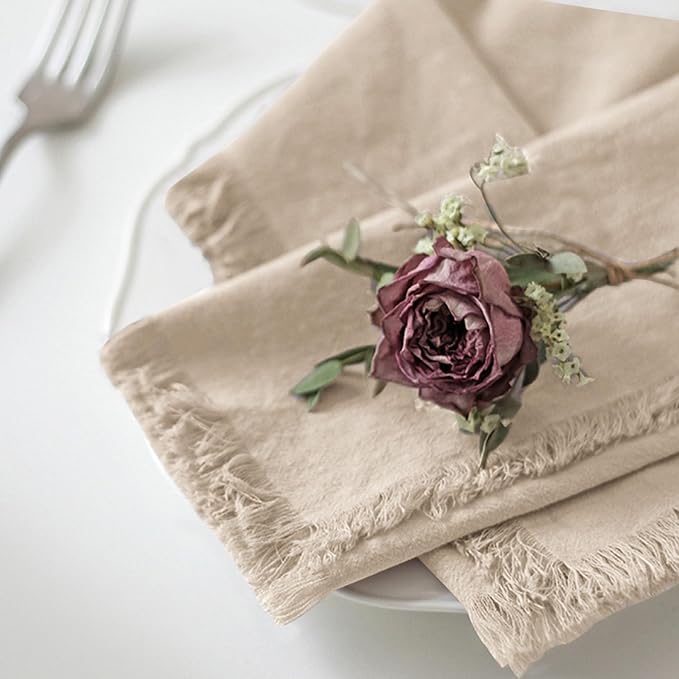 Handmade Cloth Napkins 100% Cotton Napkins with Fringe，Delicate Handmade Cloth Napkins for Dinners, Parties, Weddings and More，18 x 18 Inch Set of 12 - Beige