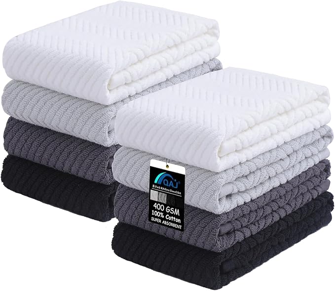 100% Cotton Kitchen Dish Towels Set, 16" x 25" Super Absorbent and Soft Kitchen Towels, Pack of 8 Dish Cloths for Drying Dishes (400 GSM)