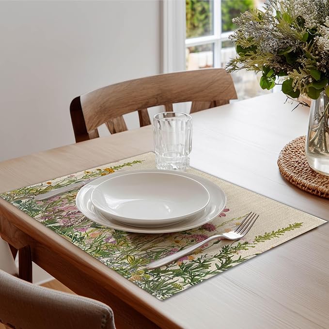 HOMETITUTE Floral Linen Placemats Set of 4 12x18 inch Spring Table Mats for Dining Table Farmhouse Decorations Kitchen Decor Desk Mat for Outdoor Home Party Kitchen Seasonal Dining Decor