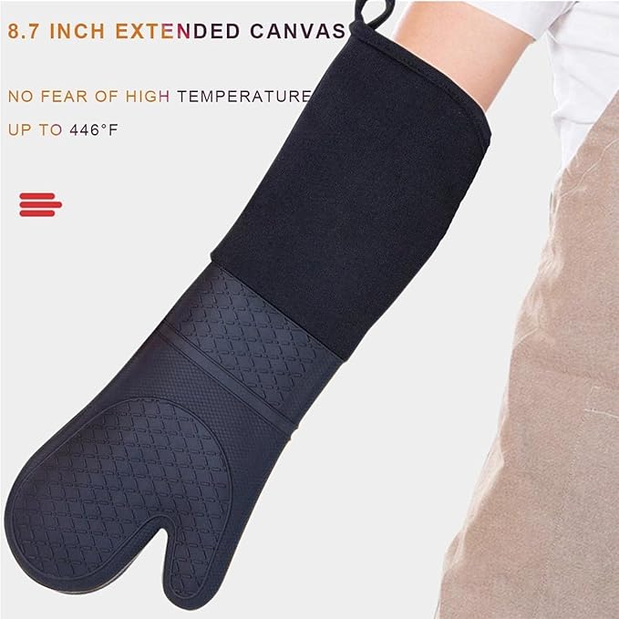 Linwnil Extra Long Silicone Oven Mitts Heavy Duty Commercial Grade Oven Mitts Heat Resistant BBQ Gloves with Quilted Cotton Lining 2 Pack (Black)