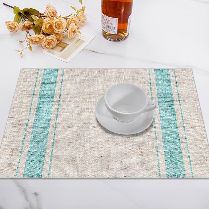 CSFOTO Modern Minimalist Line Decorative Placemats Set of 4 Heat-Resistant Non-Slip Kitchen Table Mats Khaki Woven Rectangle Placemats for Dining Table 18"x12" Washable, Light Blue Stripe