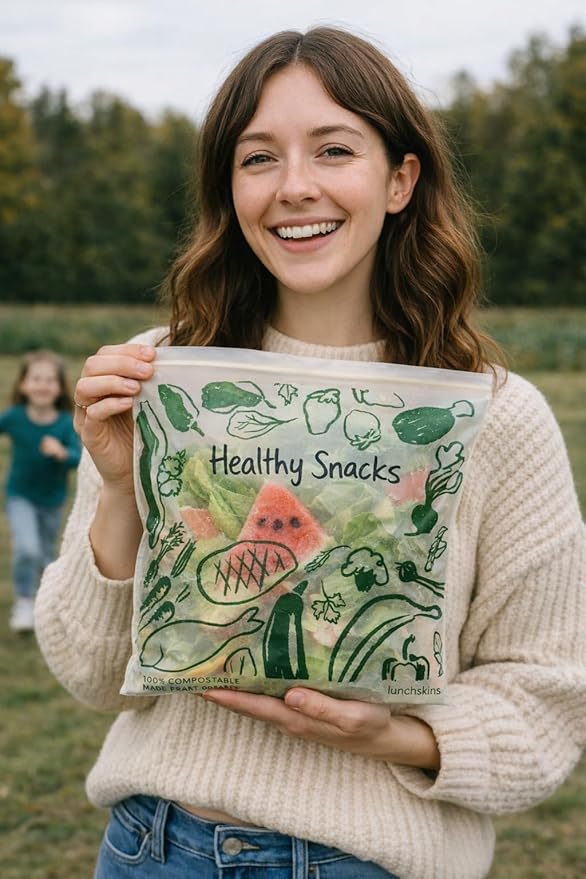Lunchskins Ziptop Home Compostable & Resealable Freezer-Safe Food Storage Bags, Gallon Size, 60 Bags - Eco-Friendly, Made Without PFAS and BPAS