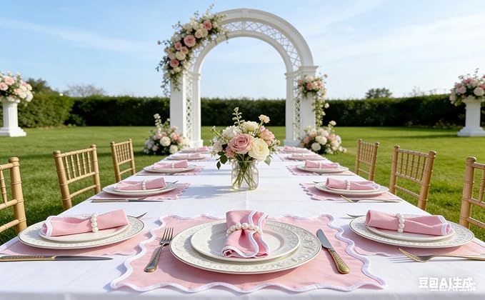 Scallop Linen Napkins Set of 8-Linen Blended Napkins,Pink and White Dinner Napkins Cloth 17 Inch - Giselle Scallop Edge, Handcrafted and Machine Washable - Easter, Spring
