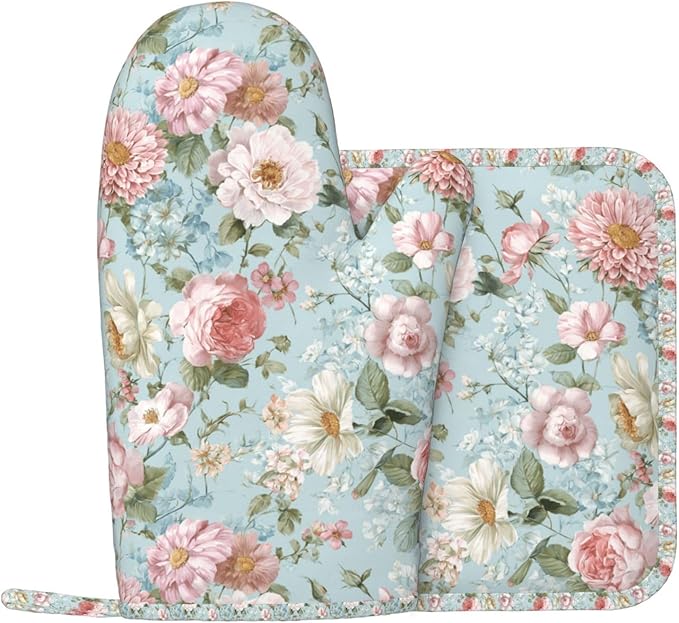 Oven Mitts and Pot Holders Flower Vintage Peony Floral Silicone Kitchen Accessories Set of 2 Heat Resistant Long Gloves Potholder Non-Slip Grip for Chef Cooking,Baking,Grilling,BBQ